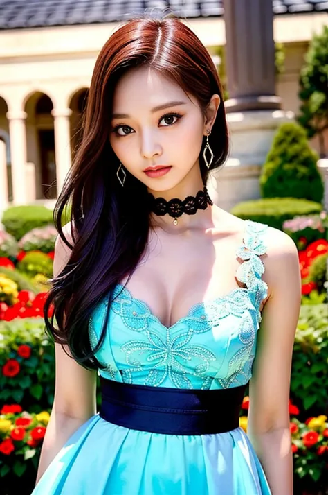 Tzuyu 1, woman, (Realistic), (Hyperrealism), (photoRealistic), Written boundary depth, eye make up:0.7 (whole body:1.8), (Large Bust),(Tight waist), Observe the audience,At the flower garden, Fashion Model, A sexy dress with open shoulders and neckline
