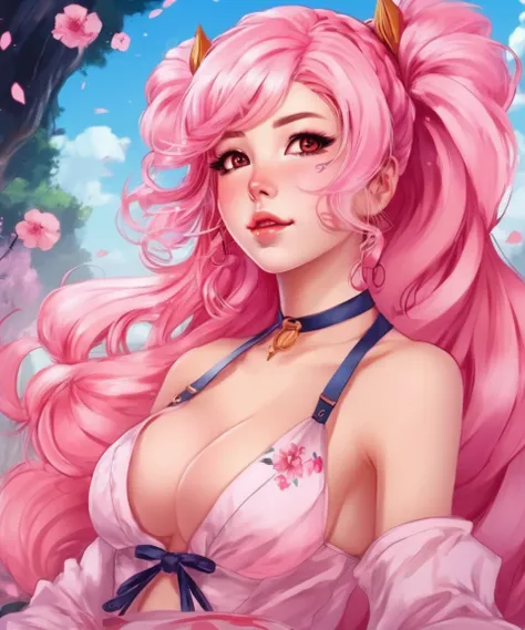 belle delphine, a kiksune girl with a thin body but with pronounced curves and large breasts and pink hair, anime drawing style