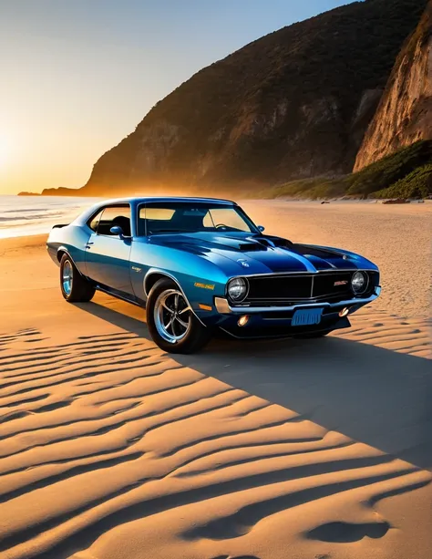 A muscle car with its doors open, parked on a beach at dawn. The early morning light casts a dramatic shadow, capturing a powerful and serene moment. Style of Muscle Core