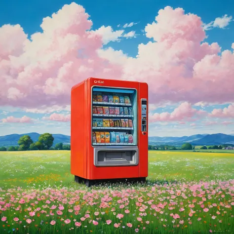 (((best quality)))), Realistic, authentic, beautiful and amazing landscape with a Vending machine on the field oil painting Studio Ghibli Hayao Miyazaki pasture petals with blue sky and white clouds, no humans. the windshield flashing pink, pink glancing o...