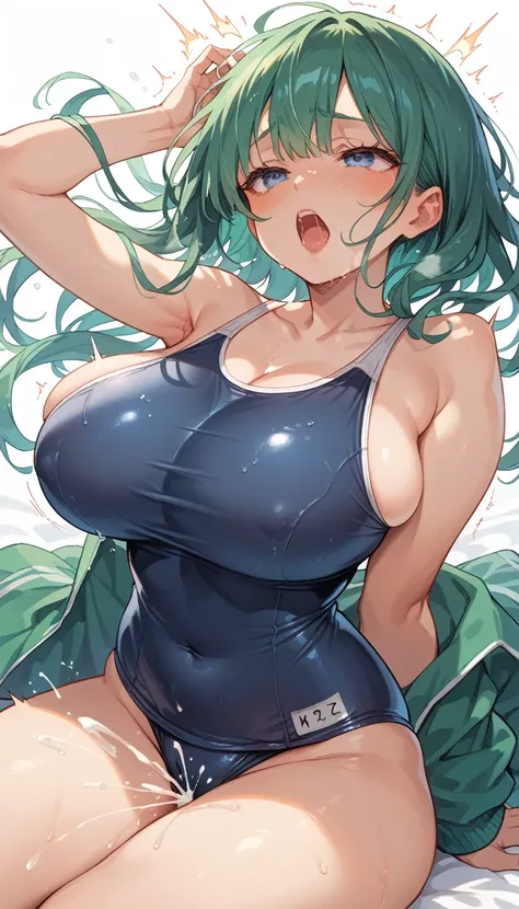 masterpiece, best quality, ultra detailed,1 girl, long green hair, blue eyes, school swimsuit, large breast, big breast nsfw, orgasm,