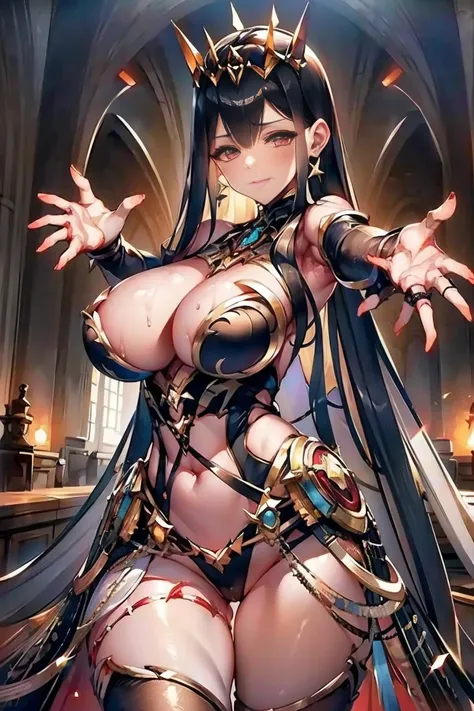 (((outstretched hands, out stretched fingers, outstretched fingers))) black hair, bare shoulder, red eyes, very long hair, cleavage, large breasts, dress, showgirl skirt, high-leg, cleavage cutout, tiara, bare thighs, gauntlets, bare shoulder, bare nails, ...