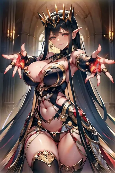 (((outstretched hands, out stretched fingers, outstretched fingers))) black hair, bare shoulder, red eyes, very long hair, cleavage, large breasts, dress, showgirl skirt, high-leg, cleavage cutout, tiara, bare thighs, gauntlets, bare shoulder, bare nails, ...