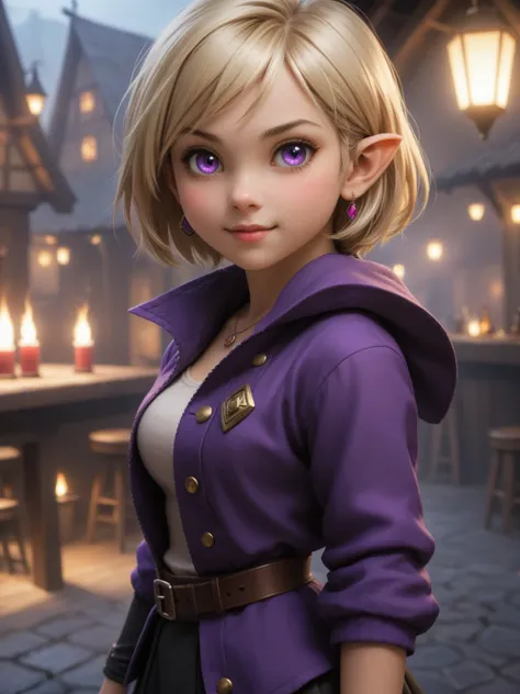 a physically fit cute gnome girl, with six-pack abs, an innocent face, short blond hair, bobbed hairstyle, glowing purple eyes, ...