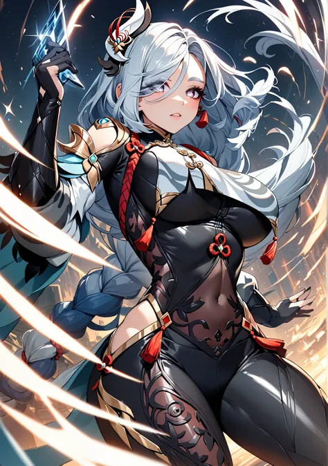 (1 Girl), Shenhe, Genshin impact, White hair, Long Hair, original hair style, silver eyes, large Breasts, Bionic Armor, Black-based metal suit, Robot Girl, steel & Titanium Leather, metal texture, Beautiful Face, Cybernetic Eyes, Clear pupils, Sparkle in t...