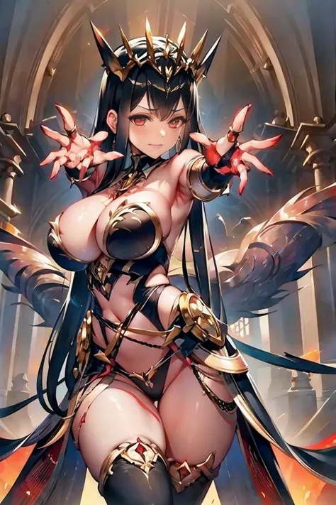 (((outstretched hands, out stretched fingers, outstretched fingers))) black hair, bare shoulder, red eyes, very long hair, cleavage, large breasts, dress, showgirl skirt, high-leg, cleavage cutout, tiara, bare thighs, gauntlets, bare shoulder, bare nails, ...