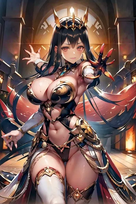 (((outstretched hands, out stretched fingers, outstretched fingers))) black hair, bare shoulder, red eyes, very long hair, cleavage, large breasts, dress, showgirl skirt, high-leg, cleavage cutout, tiara, bare thighs, gauntlets, bare shoulder, bare nails, ...