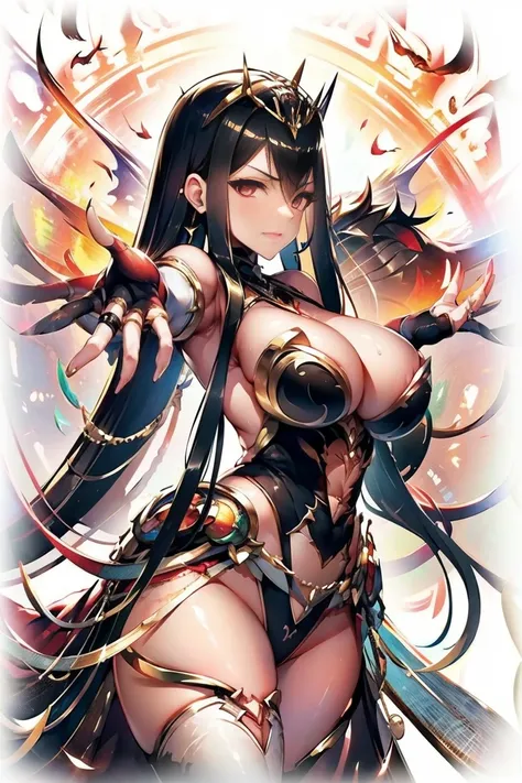 (((outstretched hands, out stretched fingers, outstretched fingers))) black hair, bare shoulder, red eyes, very long hair, cleavage, large breasts, dress, showgirl skirt, high-leg, cleavage cutout, tiara, bare thighs, gauntlets, bare shoulder, bare nails, ...