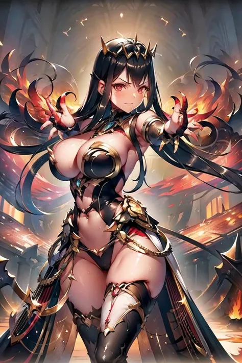 (((outstretched hands, out stretched fingers, outstretched fingers))) black hair, bare shoulder, red eyes, very long hair, cleavage, large breasts, dress, showgirl skirt, high-leg, cleavage cutout, tiara, bare thighs, gauntlets, bare shoulder, bare nails, ...