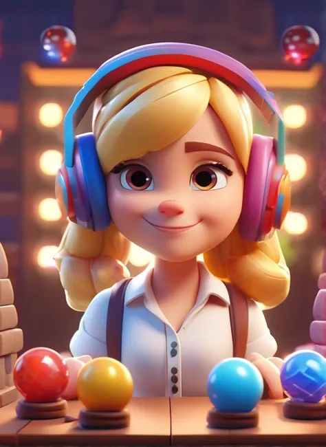 best quality, masterpiece, blonde-haired girl wearing headphones and a white shirt, white shirt, clash royale style, portrait, c...