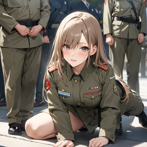 ((Highest quality)), ((masterpiece)), (detailed), （Perfect Face）、The woman is Asuna Yuki, a female member of the Japanese Self-Defense Forces. She has light brown, semi-long hair and is a female member of the Japanese Self-Defense Forces, dressed in the fu...