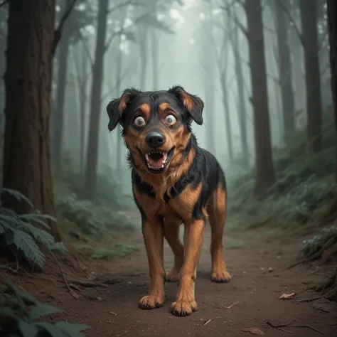 Scared black dog in a creepy dark forest 