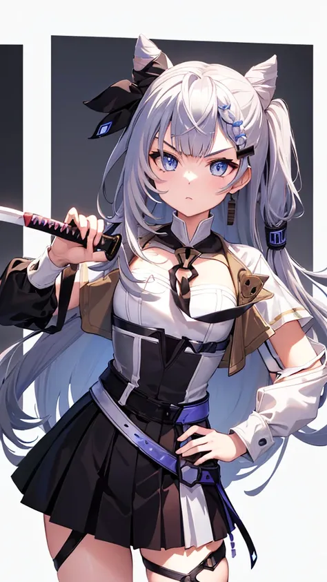 (vestia zeta, vtuber, virtual youtuber, solo, alone,hold sword, hold katana, drew his sword forward, cool style, look serious