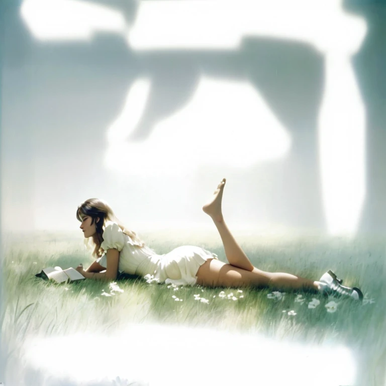 there is a woman laying on the grass with a book, david hamilton, movie screen shot, high resolution film still, lying on the grass, lying on field, sunday afternoon, still from lestate, film promotional still, lying scattered across an empty, film still p...