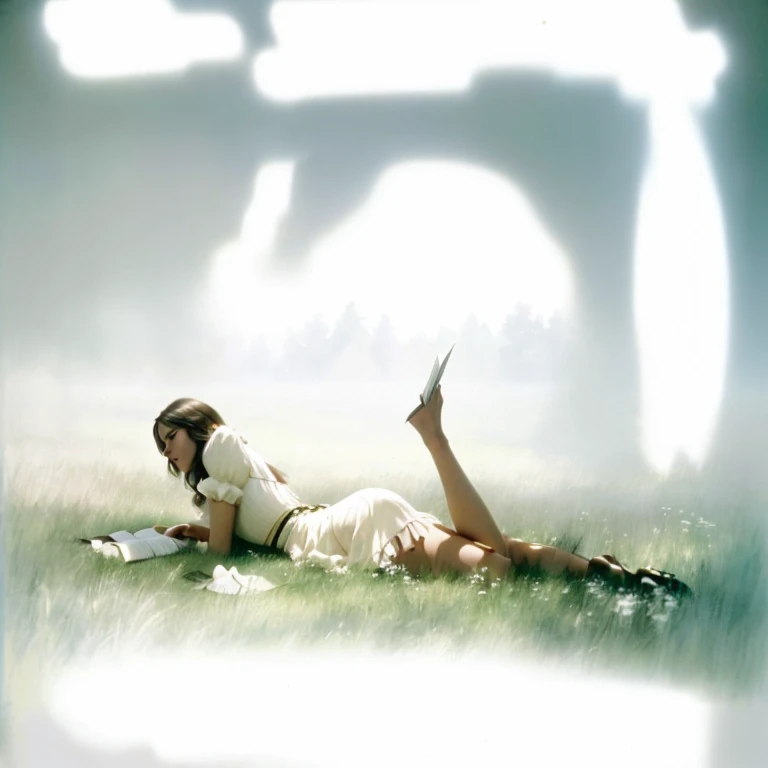 there is a woman laying on the grass with a book, david hamilton, movie screen shot, high resolution film still, lying on the grass, lying on field, sunday afternoon, still from lestate, film promotional still, lying scattered across an empty, film still p...