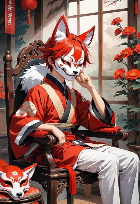 Using Fox Mask, Red Hair, Wolf Ears, Boy, Sit on the chair