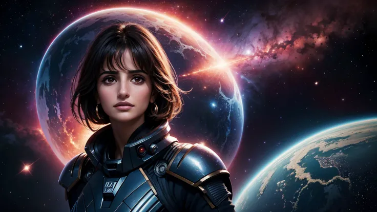 A beautiful portrait of Penelope Cruz surrounded by space and nebula., Action pictures of hot, beautiful space girls, Stargate, Some red water, The future of the year 2300, Highly detailed, art station, illustration