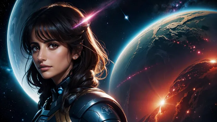 A beautiful portrait of Penelope Cruz surrounded by space and nebula., Action pictures of hot, beautiful space girls, Stargate, Some red water, The future of the year 2300, Highly detailed, art station, illustration