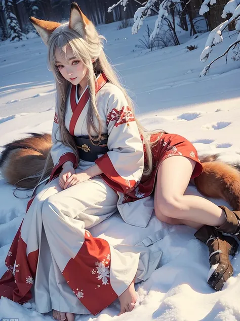 (masterpiece, best quality, 1girl, fox girl, long hair, fox near, snowy field, traditional kimono, soft smile, snowflakes around, highly detailed)
