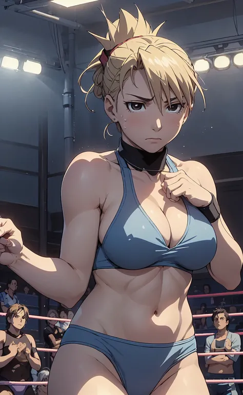 masterpiece, Highest quality, High resolution, One Girl, Hamriz, ponytail, Brown eyes,big , マイクロbikini、Cowboy Shot、Muscular body、blush、Sweat、Composition from the front、anime、(((Light blue bikini、Stand in front、audience、Shaking breasts、Boobs fully exposed、F...