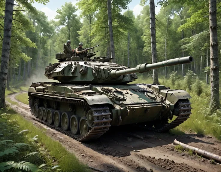 chieftain tank driving through the forest,the tank is painted in forest camouflage.、the hull and gun barrel are camouflaged with...