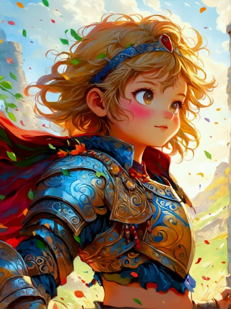 Create a digital painting that portrays a brave warrior, symbolizing the battle of health. Use bold and vibrant colors to enhance the whimsical and vivacious feel, typical of childrens design. The warrior should be seen in dynamic poses, drawing inspiratio...