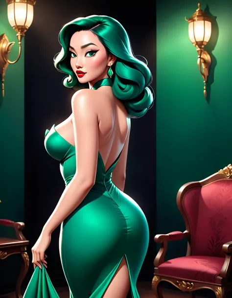 beautiful busty asian woman, jessica rabbit style, long flowing emerald dress, intricate detailed dress, beautiful detailed face, piercing eyes, lush full lips, flawless porcelain skin, elegant pose, dynamic movement, dramatic lighting, cinematic compositi...