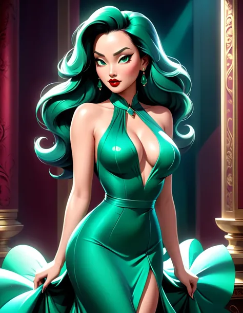 beautiful busty asian woman, jessica rabbit style, long flowing emerald dress, intricate detailed dress, beautiful detailed face, piercing eyes, lush full lips, flawless porcelain skin, elegant pose, dynamic movement, dramatic lighting, cinematic compositi...