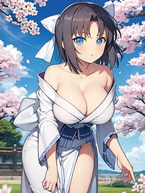 (8k, RAW photo, best quality, masterpiece:1.2),1girl,solo,short hair,blue eyes,yumi (senran kagura),breasts, cleavage,off shoulder, japanese clothes, outdoors,cherry blossoms,standing,leaning forward, 