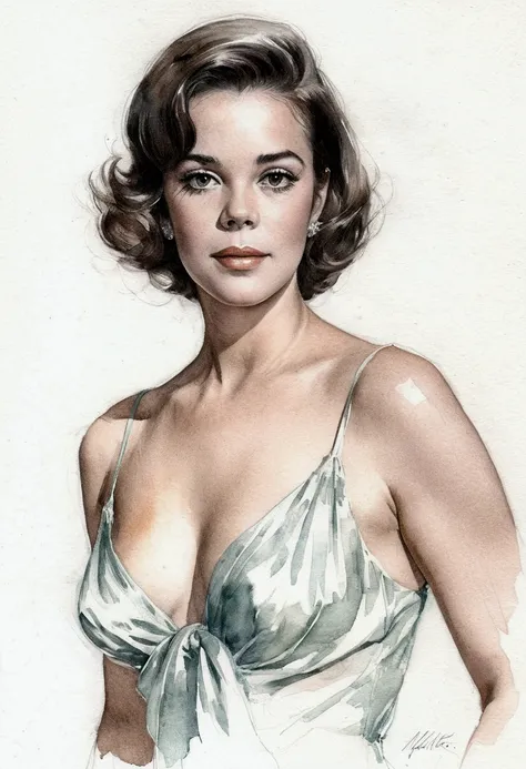 A delicate, watercolor portrays, a nude beautiful Natalie Wood look, medium firm breasts, standing bare feet without background, her features rendered in subtle shading and precise lines. The framing is tight, focusing attention on the subjects serene face...