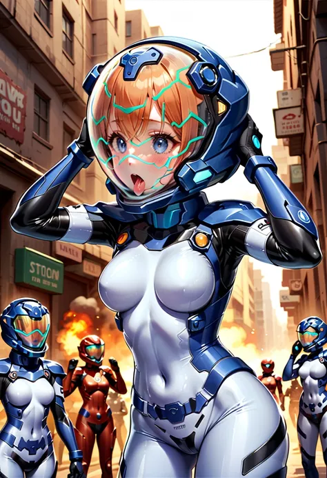 short hair, street, emo, BLACK hair, white eyes, eyeliner, apocalypse, (astronaut, girl, road, city, fortified suit, ((blue:1.5) plugsuit), short hair, outdoors, cinematic light, medium breasts, covered navel, space helmet, muvluv, space helm, eva helmet,[...