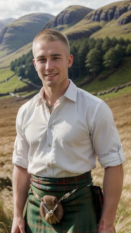 Front view, (looking at viewer:1.3), Scottish man, 24  years-old, (blond hair , blew eye,  buzz cut,  smile ),A beautiful Scottish man wearing traditional Highland dress, including a tartan kilt and accessories like a sporran and sash, standing in a pictur...