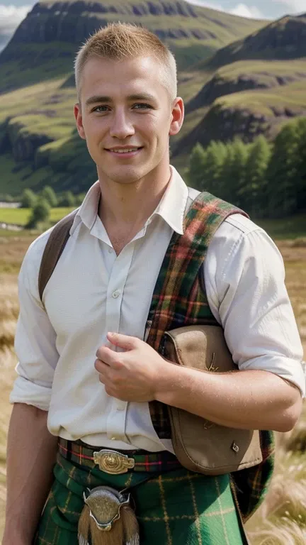 Front view, (looking at viewer:1.3), Scottish man, 24  years-old, (blond hair , blew eye,  buzz cut,  smile ),A beautiful Scottish man wearing traditional Highland dress, including a tartan kilt and accessories like a sporran and sash, standing in a pictur...