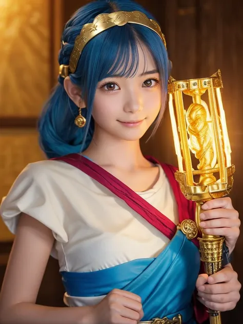 A 16 years old japanese girl,(DragonQuest sage,dq3,White Dress,golden headband,(staff of enlightenment:1.5):1.25),beautiful detailed eyes,beautiful detailed lips,extremely detailed face and eyes,long eyelashes,cutie smile,blue hair,fantasy,medieval,magic,m...