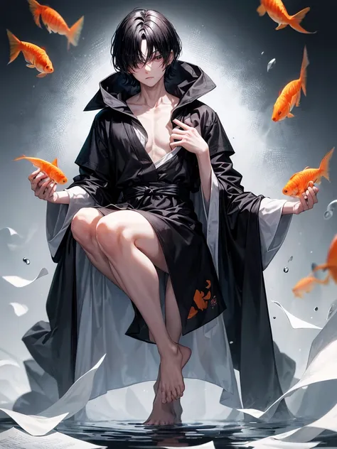 a gloomy boy, with short straight black hair covering her eyes, paper-white skin and a short-sleeved black robe that reaches to her knees, with goldfish designs on the robe. 