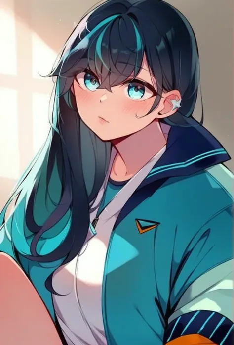 juder_style, score_9, score_8_up, score_7_up, score_6_up, score_5_up, score_4_up, hd, (ultra hd quality details), 8K, 1girl, long hair, Hourglass body, light blue eyes, dark indigo hair, 2d illustration, cyan varsity jacket