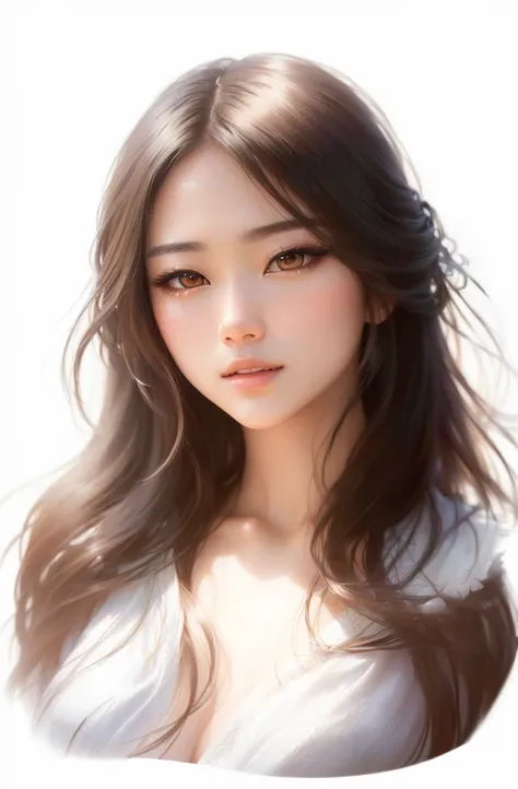 Close-up of a woman with long hair and a white shirt, Photorealistic beautiful faces, Beautiful Asian Girl, Realistic portrait photography, High-quality portraits, Portrait of a beautiful girl, , Beautiful portrait, Photorealistic anime girl rendering, Rea...