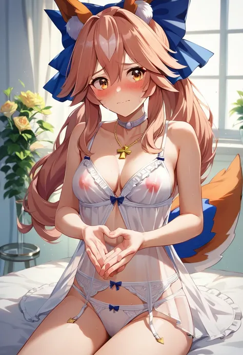 NSFW,tamamo cross (umamusume),(Perfect hands),(Perfect Anatomy),(masterpiece),(highest quality),Embarrassed,blush,High-quality lingerie,See-through,Love Hotel