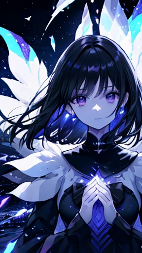 (super clear picture quality:1.8),masterpiece,best quality,
ultra-realistic mix fantasy,  Hotaru Tomoe - a beautiful woman ((pageboy cut black hair, dark violet eyes, pale skin)) invoking storms and floods and summoning a ((water dragon)),in the style of d...