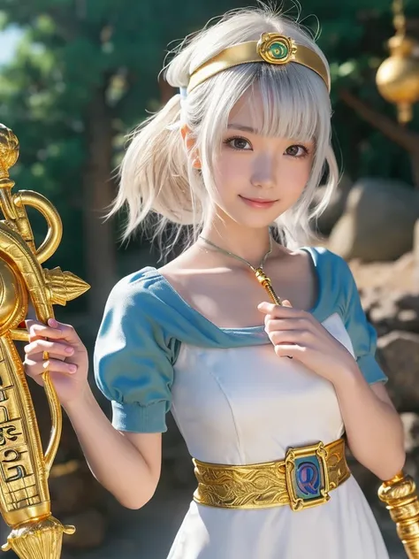 A 20 years old japanese girl,(DragonQuest sage,dq3,White Dress,golden headband,staff of enlightenment,Lotto emblem:1.5),beautiful detailed eyes,beautiful detailed lips,extremely detailed face and eyes,long eyelashes,cutie smile,blue hair,fantasy,medieval,m...