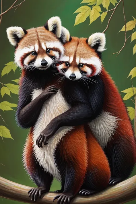 Make an acrylic painting of a raccoon and a red panda in love