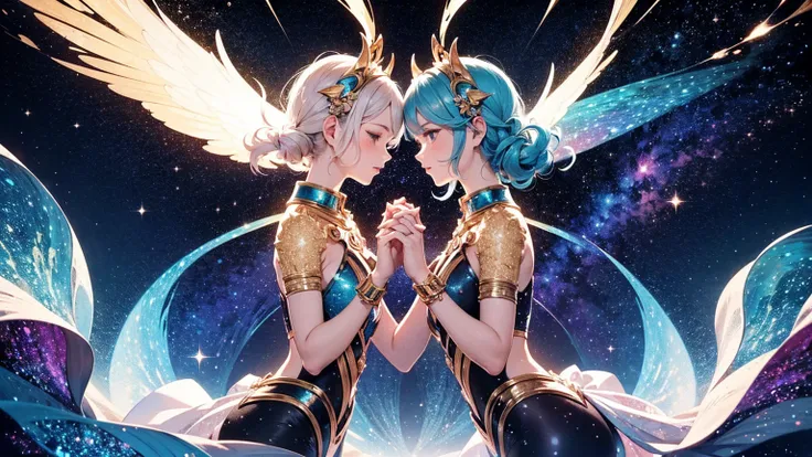 A vibrant illustration of Gemini, the Twins. Two identical, ethereal figures stand back-to-back, their bodies composed of shimmering stardust. They hold hands and look in opposite directions, symbolizing duality and communication. The background is a cosmi...