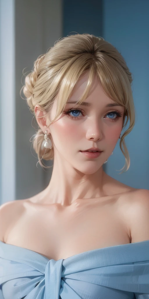 elegant mature woman, blonde, chignon hair, blue eyes, soft light, 4k resolution, high detailed, high quality, beautiful cg