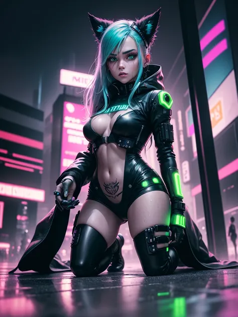 Create an ultra realistic 5D image of a beautiful girl with green eyes and long eyelashes dressed as a cyberpunk in neon glowing molecular microparticles in all colors, cool cyberpunk outfit with all its ornaments, futuristic city environment in this kneel...