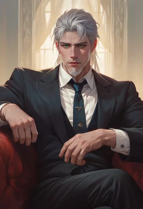 a handsome man with silver hair, green eyes, furrowed brow, black suit, dark blue tie, slick back hair, gloved hands, sitting pose, trimmed beard, muscled, detailed portrait, realistic, intricate details, elegant, stylish, moody lighting, cinematic, dramat...