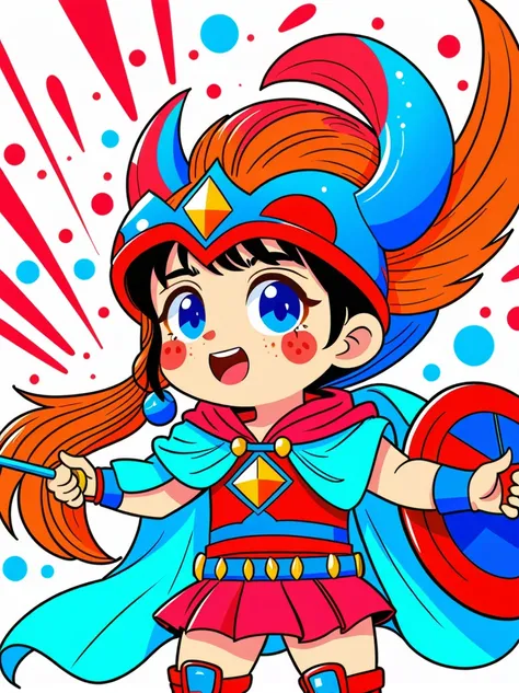 Create a digital painting that portrays a brave warrior, symbolizing the battle of health. Use bold and vibrant colors to enhance the whimsical and vivacious feel, typical of childrens design. The warrior should be seen in dynamic poses, drawing inspiratio...