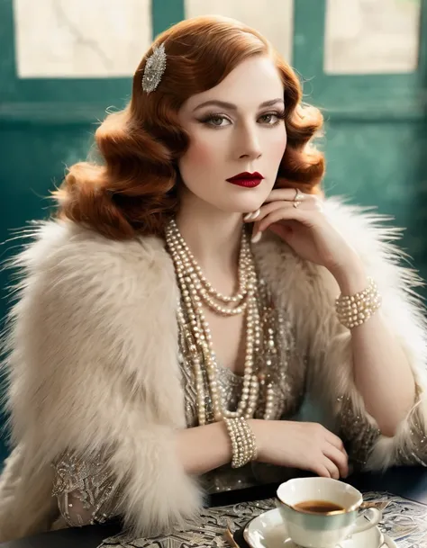 Woman wearing fashionable clothes, sitting at the table，Coffee on hand, The atmosphere of the 1920s, 1 9 2 0 s style, 1920s style, roaring 20s, Fabric Style 1 9 2 0 s, Dress in 1920s fashion, Roaring Twenties, 1920s dystopian retro vibe, art deco era，weari...