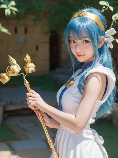 A 20 years old japanese girl,(DragonQuest sage,dq3,White Dress,golden headband,staff of enlightenment,Lotto emblem:1.5),beautiful detailed eyes,beautiful detailed lips,extremely detailed face and eyes,long eyelashes,cutie smile,blue hair,fantasy,medieval,m...