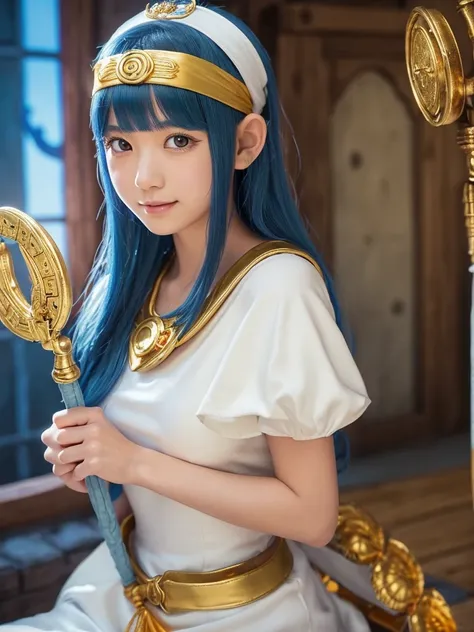 A 20 years old japanese girl,(DragonQuest sage,dq3,White Dress,golden headband,staff of enlightenment,Lotto emblem:1.5),beautiful detailed eyes,beautiful detailed lips,extremely detailed face and eyes,long eyelashes,cutie smile,blue hair,fantasy,medieval,m...