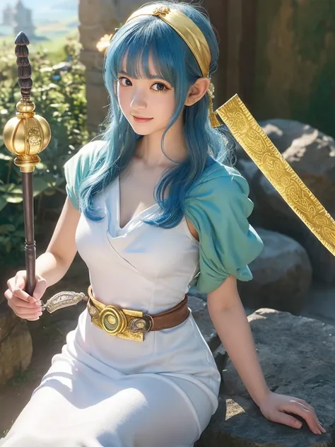 A 20 years old japanese girl,(DragonQuest sage,dq3,White Dress,golden headband,staff of enlightenment,Lotto emblem:1.5),beautiful detailed eyes,beautiful detailed lips,extremely detailed face and eyes,long eyelashes,cutie smile,blue hair,fantasy,medieval,m...